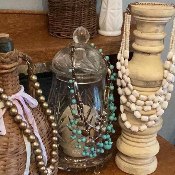 Jewelry - Lot of 4 Beaded Necklaces Wear or Craft. White strand, Gold, Turquoise, charms